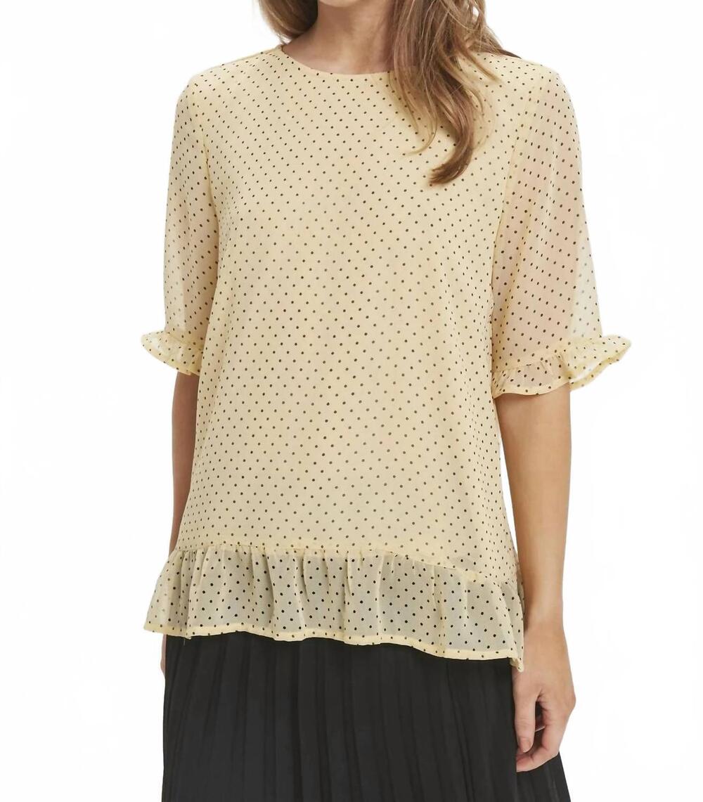 NEW ICHI elbow sleeve blouse top in yellow /black polka dot